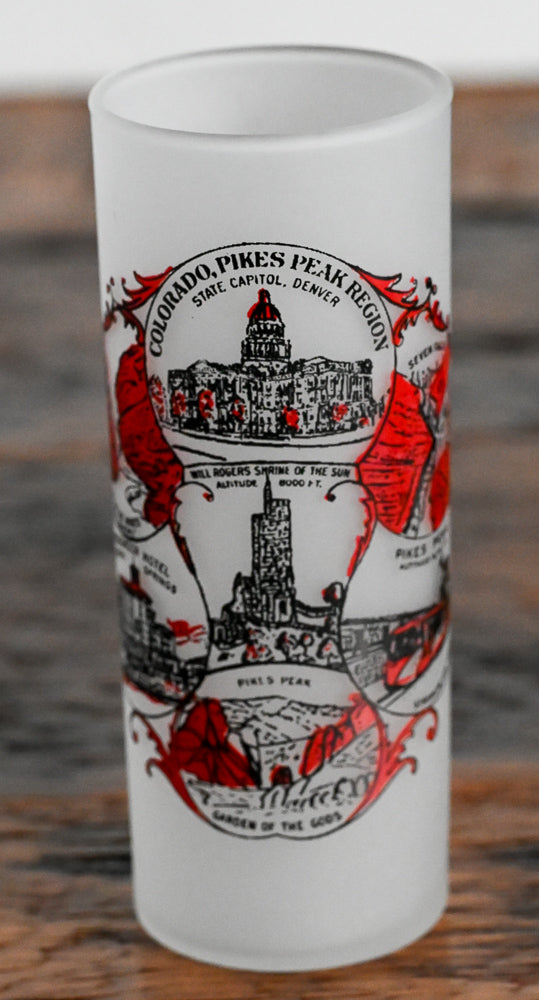 red and black Pikes Peak picture on frosted glass highball