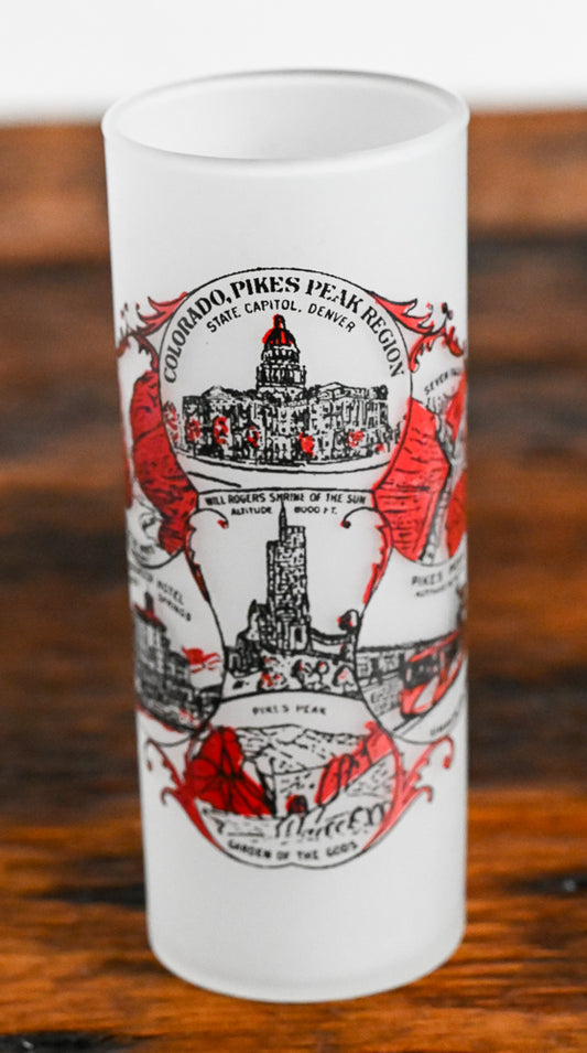 red and black Pikes Peak picture on frosted glass highball