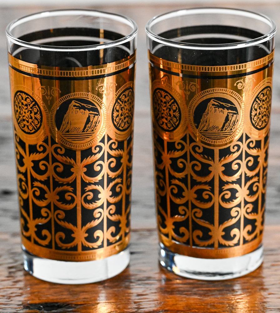 22K gold and black Prudential Anniversary Libbey pattern highballs