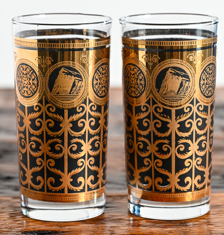 22K gold and black Prudential Anniversary Libbey pattern highballs