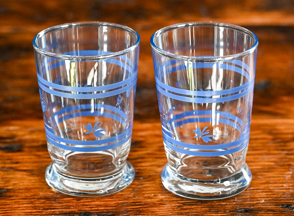 blue floral and stripe Pfaltzgraff juice glasses