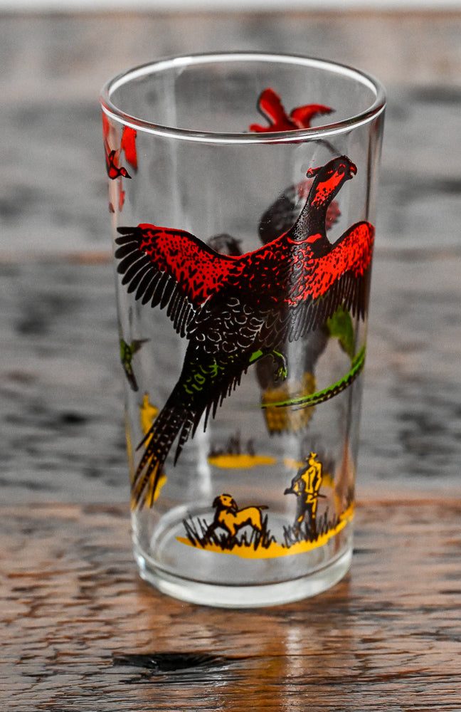 Hazel Atlas Pheasant highball glass with red, green and yellow