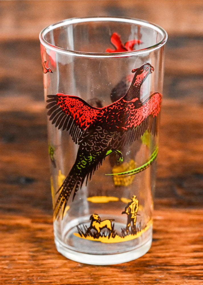 Hazel Atlas Pheasant highball glass with red, green and yellow