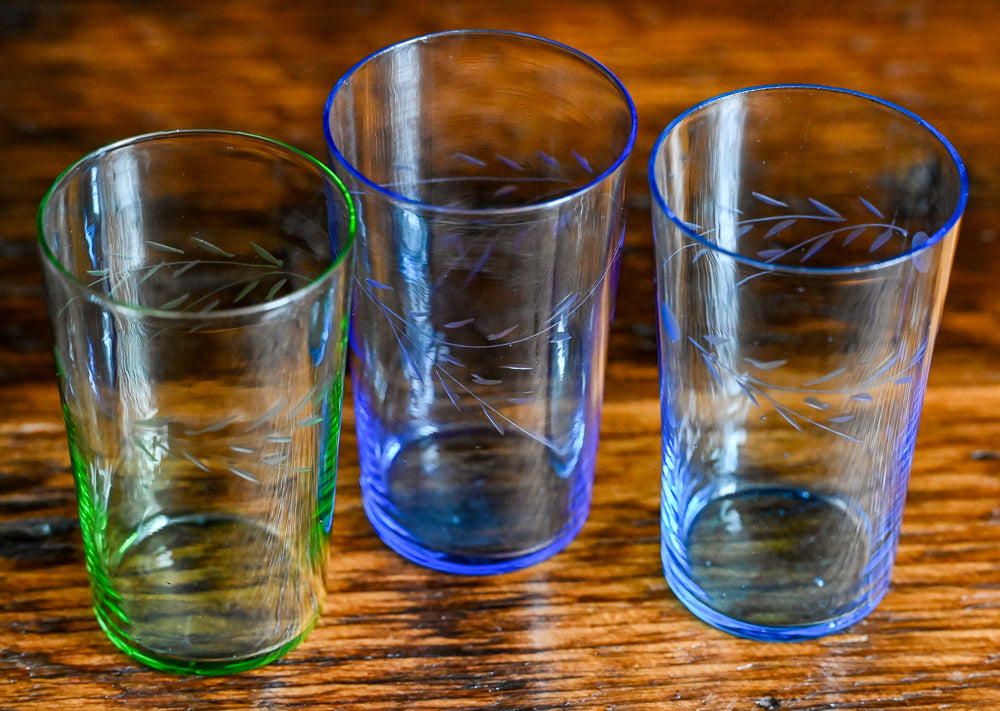 green, blue and light blue juice glasses