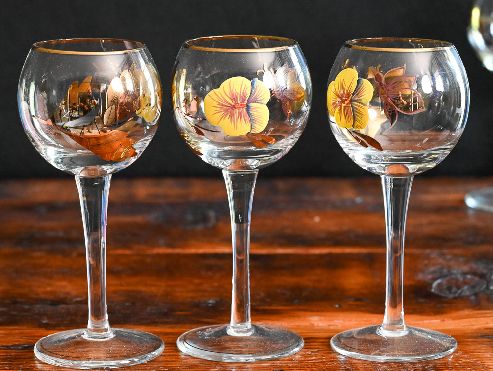 yellow pansy and gold butterfly Bohemian wine glasses