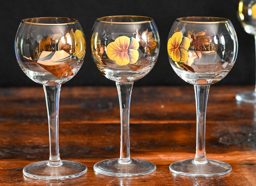 yellow pansy and gold butterfly Bohemian wine glasses