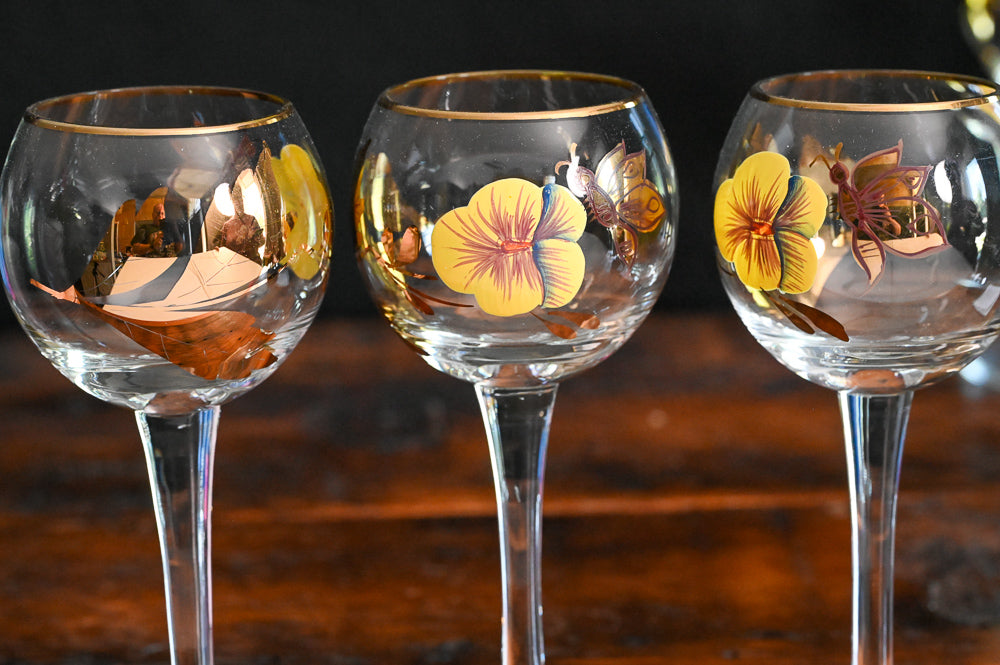 yellow pansy and gold butterfly Bohemian wine glasses