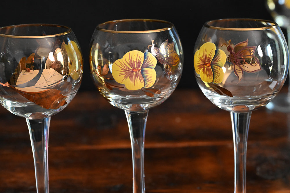 yellow pansy and gold butterfly Bohemian wine glasses