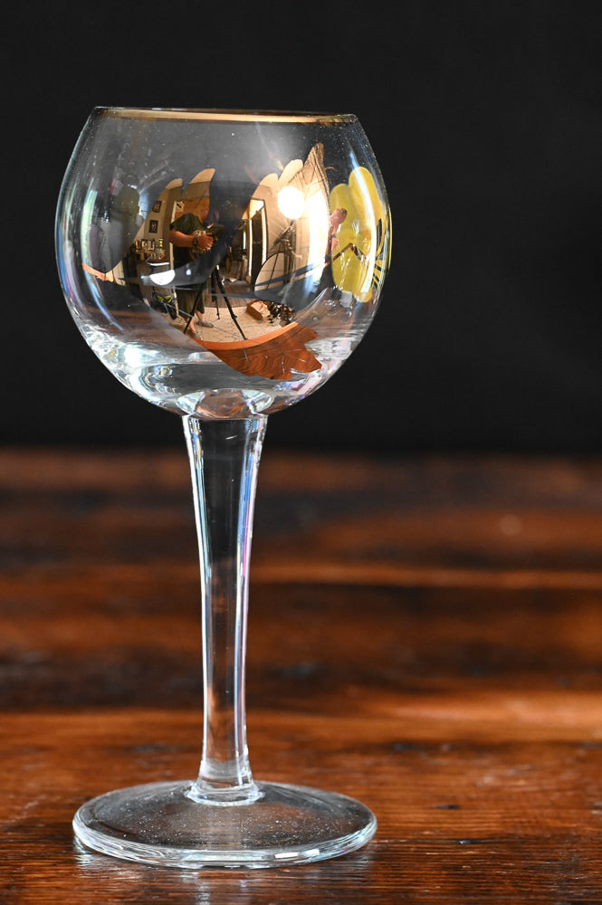 yellow pansy and gold butterfly Bohemian wine glasses