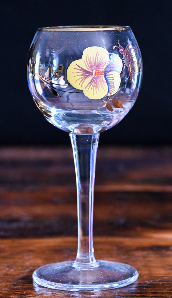 yellow pansy and gold butterfly Bohemian wine glasses