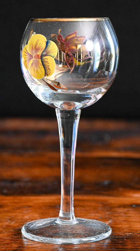 yellow pansy and gold butterfly Bohemian wine glasses