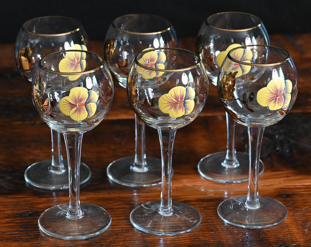 yellow pansy and gold butterfly Bohemian wine glasses