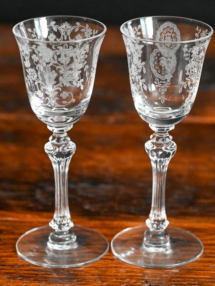 floral etched Tiffin Franciscan June Night cordial glasses