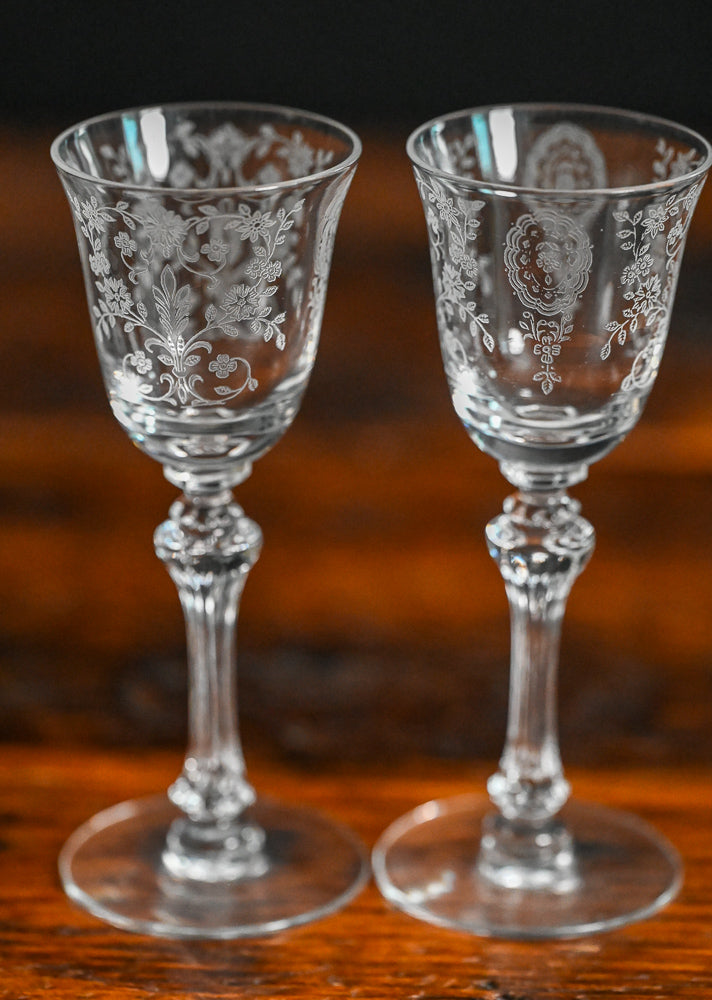 floral etched Tiffin Franciscan June Night cordial glasses