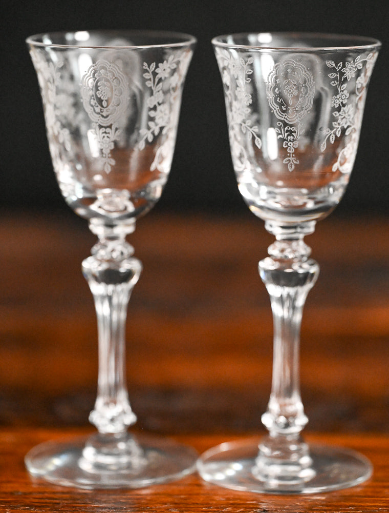 floral etched Tiffin Franciscan June Night cordial glasses