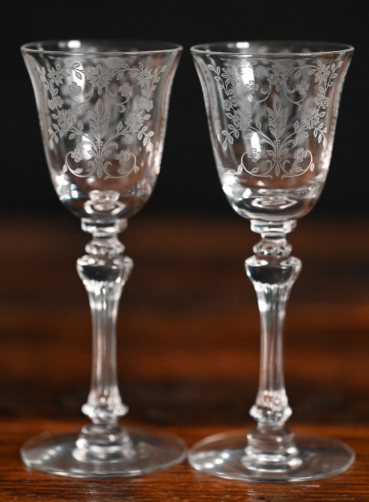floral etched Tiffin Franciscan June Night cordial glasses