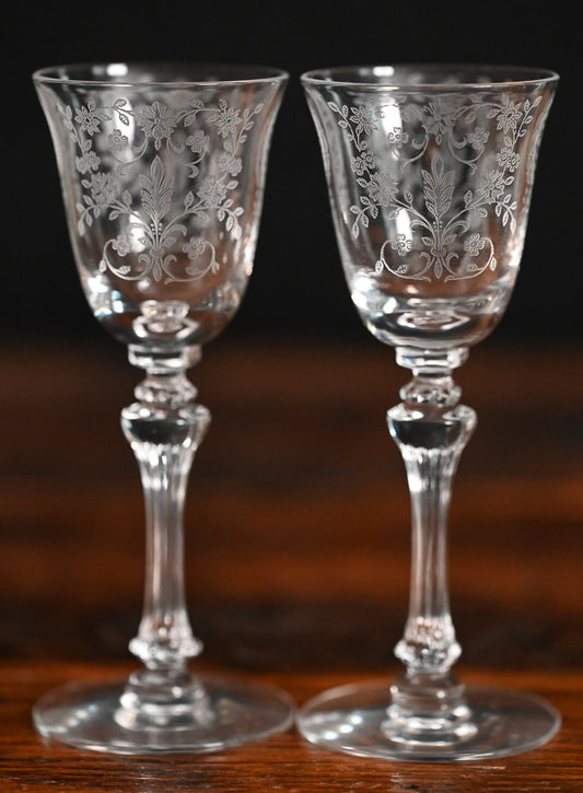 floral etched Tiffin Franciscan June Night cordial glasses