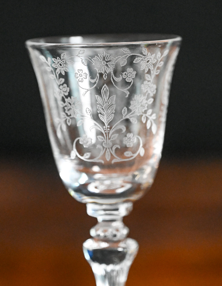floral etched Tiffin Franciscan June Night cordial glasses