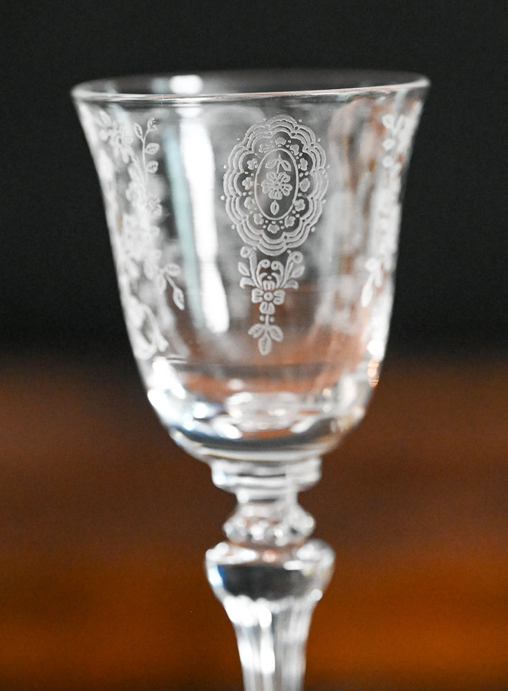 floral etched Tiffin Franciscan June Night cordial glasses