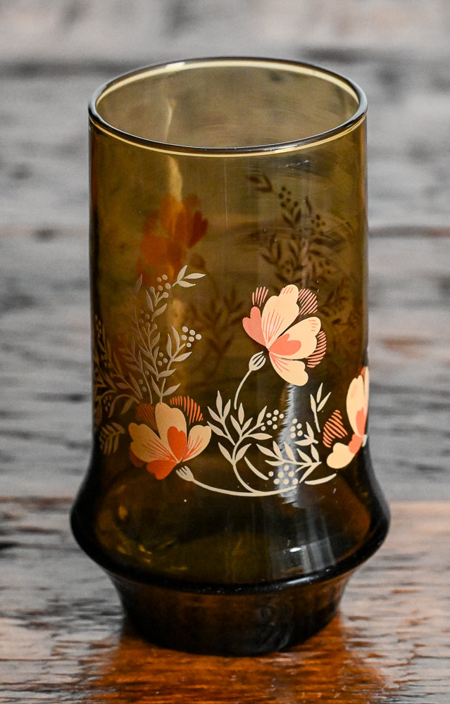 Libbey smoke brown tumblers with orange and peach flowers
