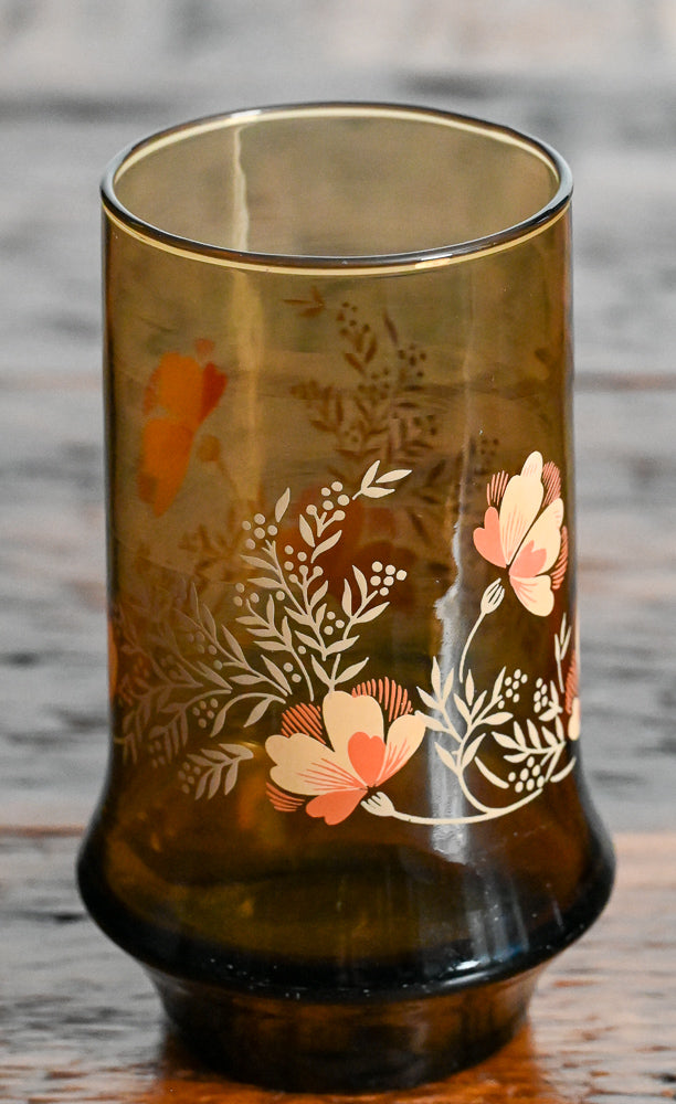 Libbey smoke brown tumblers with orange and peach flowers