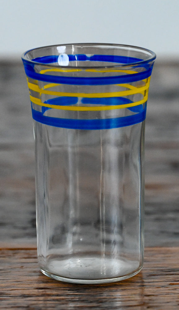 blue and yellow stripe juice glasses