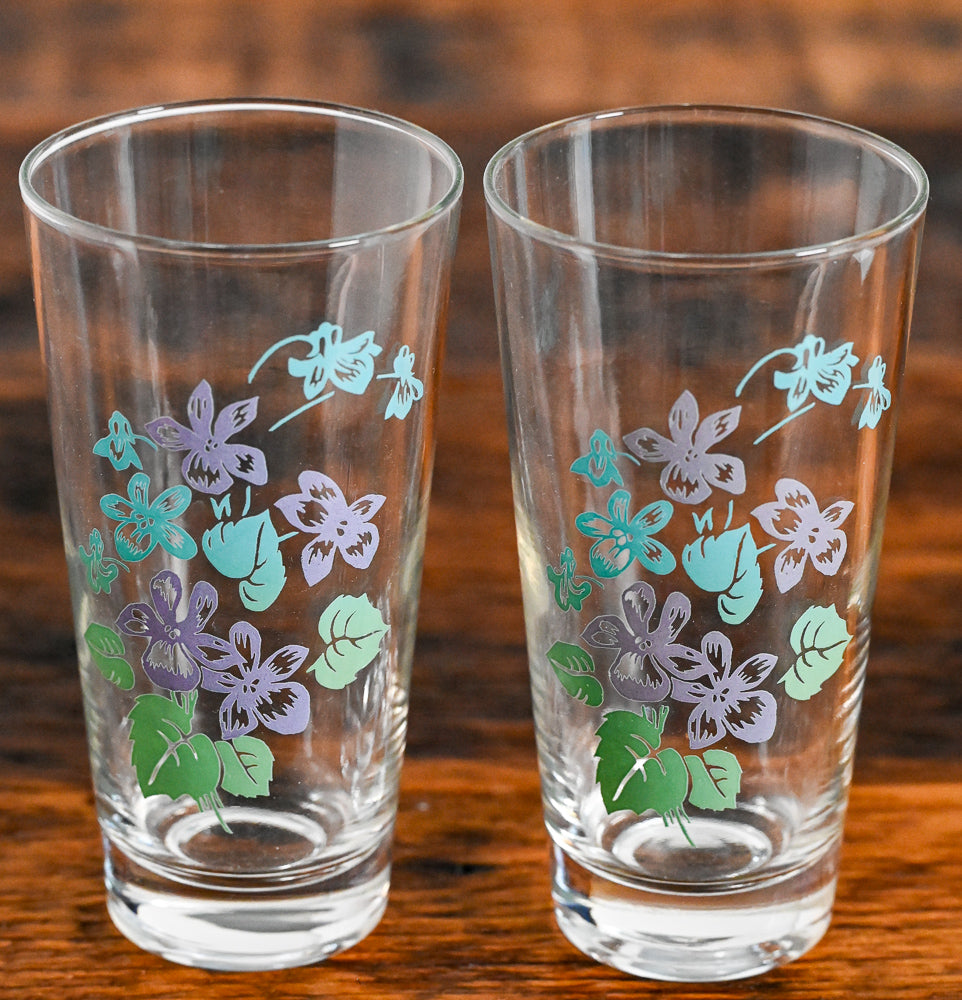 glass tumblers with lilac, green and aqua floral