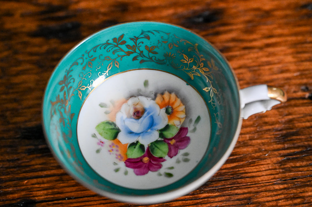 teal and white, gold floral Japanese Tea cup