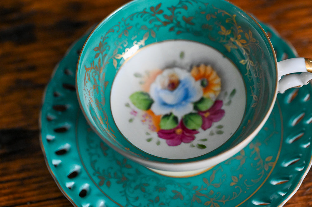 teal and white, gold floral Japanese Tea cup