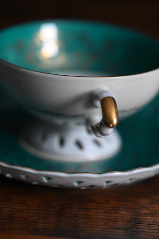 teal and white, gold floral Japanese Tea cup