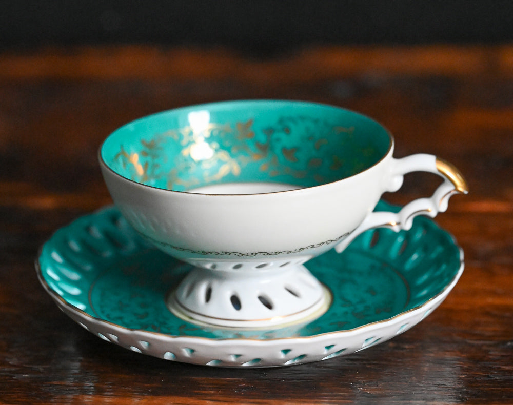 teal and white, gold floral Japanese Tea cup