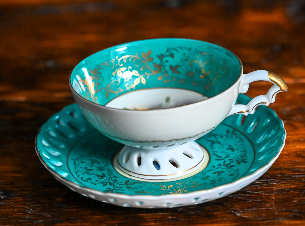 teal and white, gold floral Japanese Tea cup