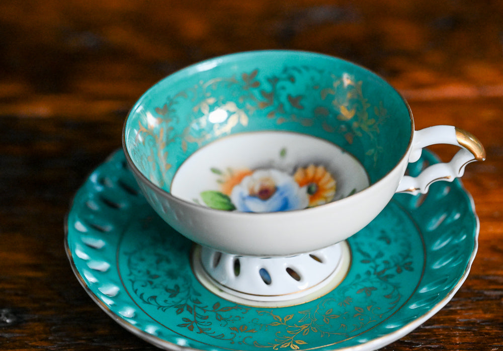 teal and white, gold floral Japanese Tea cup