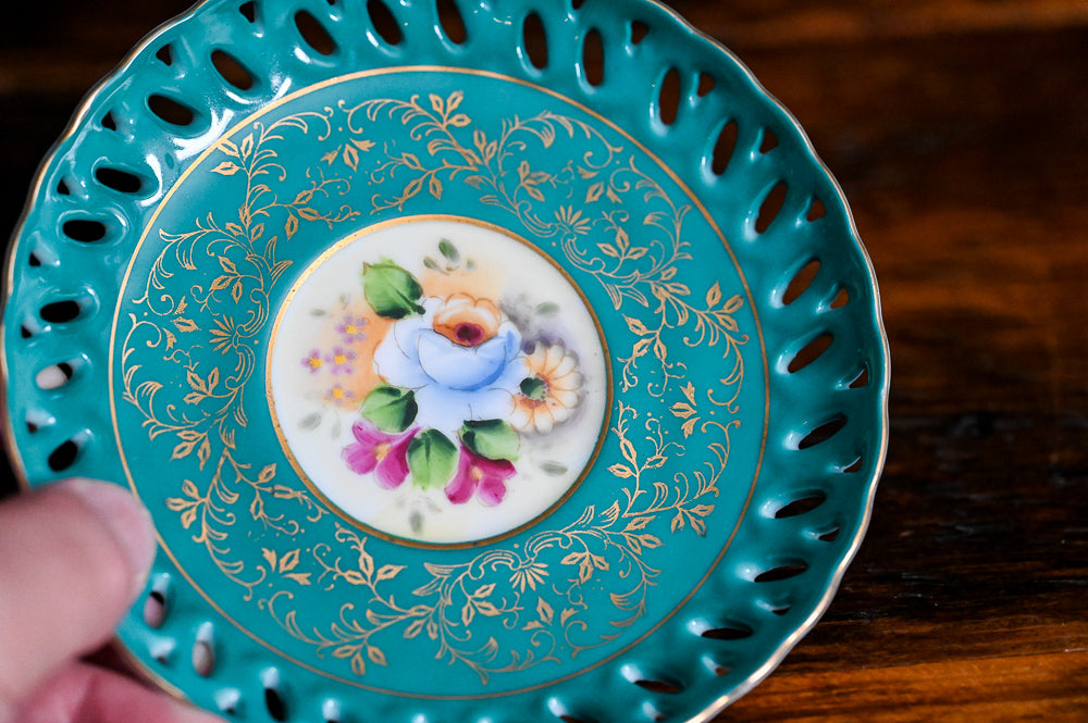 teal and white, gold floral Japanese Tea cup