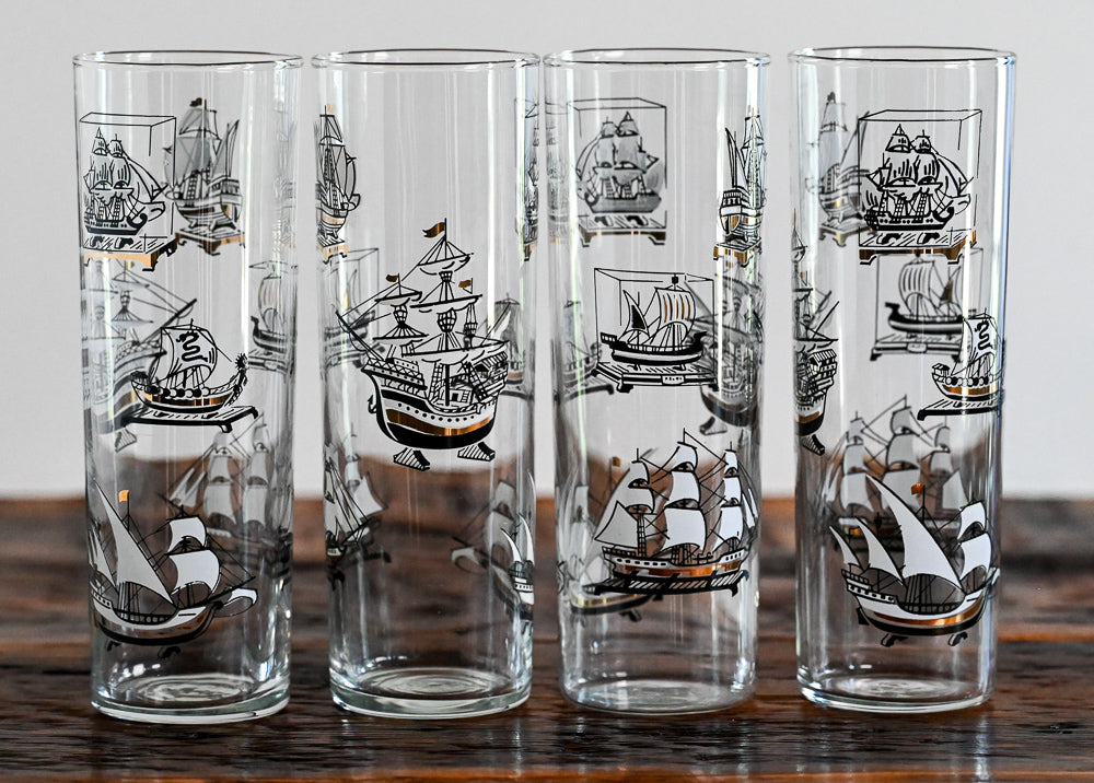 Black and White Clipper Ship Libbey Highball Glasses