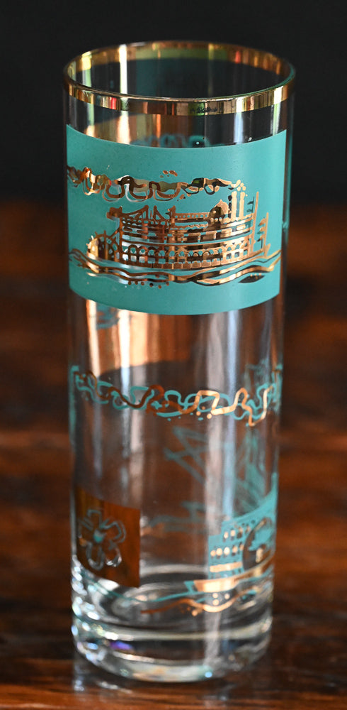 aqua and gold print Libbey Southern Comfort highball steamboat glasses