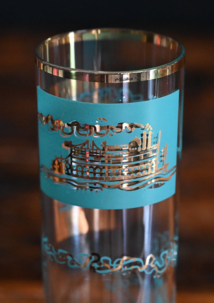 aqua and gold print Libbey Southern Comfort highball steamboat glasses