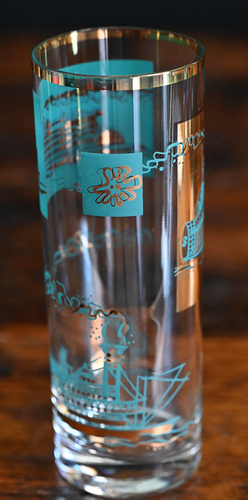 aqua and gold print Libbey Southern Comfort highball steamboat glasses