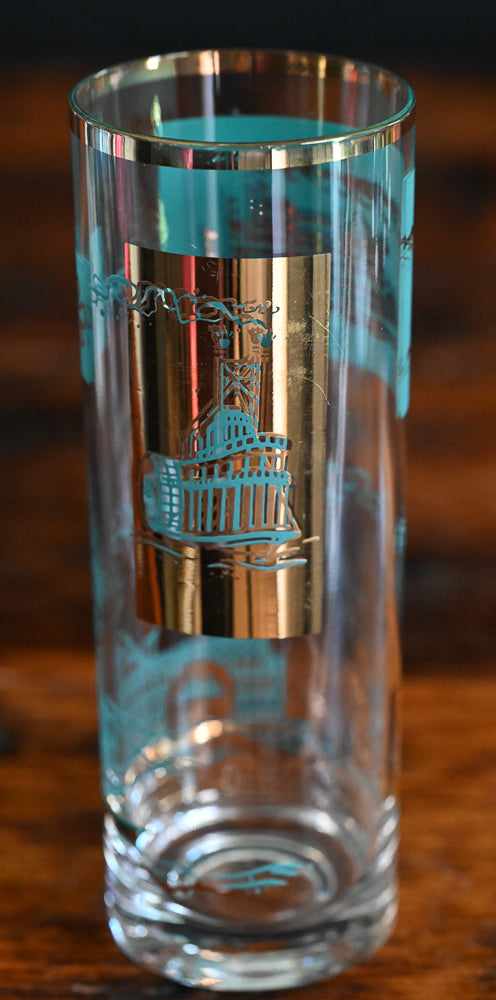 aqua and gold print Libbey Southern Comfort highball steamboat glasses