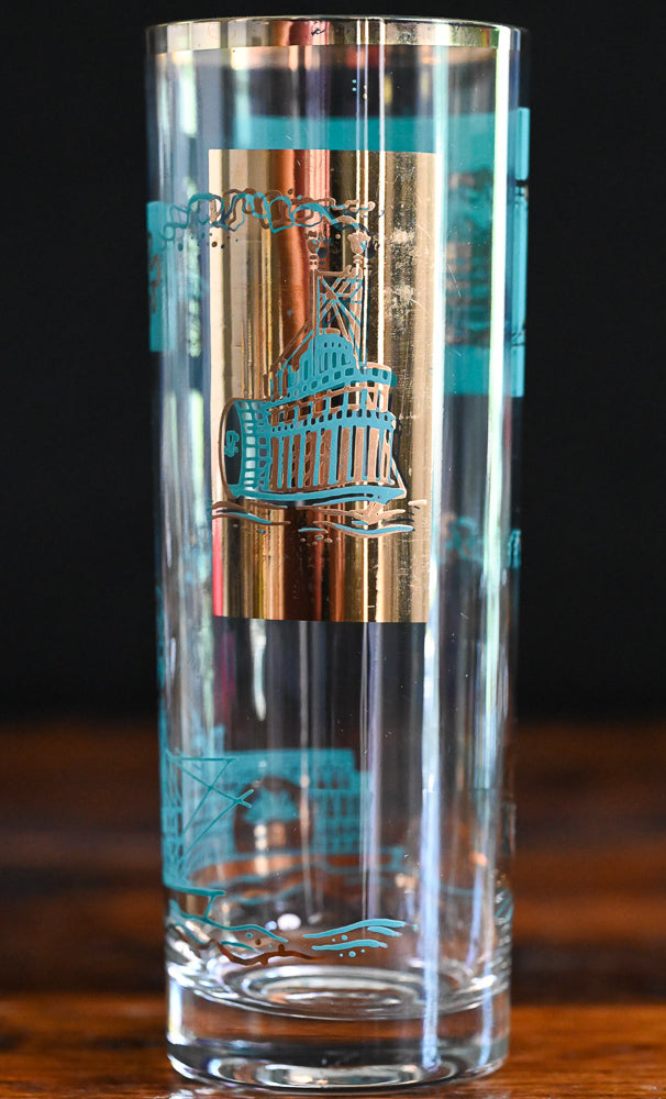aqua and gold print Libbey Southern Comfort highball steamboat glasses