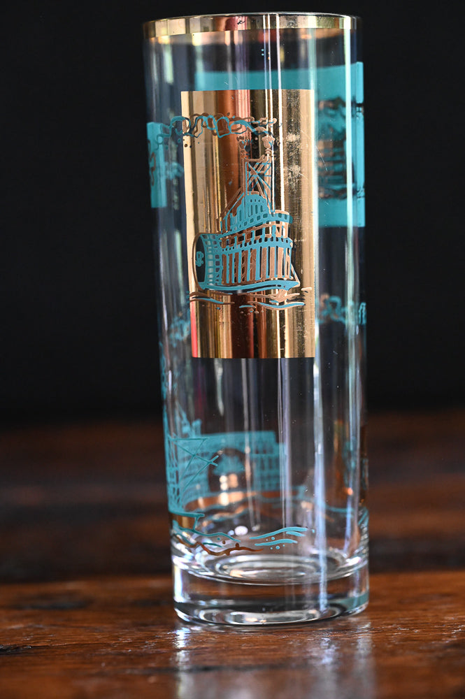 aqua and gold print Libbey Southern Comfort highball steamboat glasses