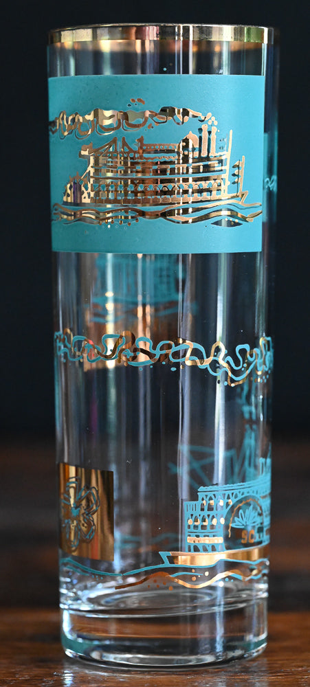 aqua and gold print Libbey Southern Comfort highball steamboat glasses