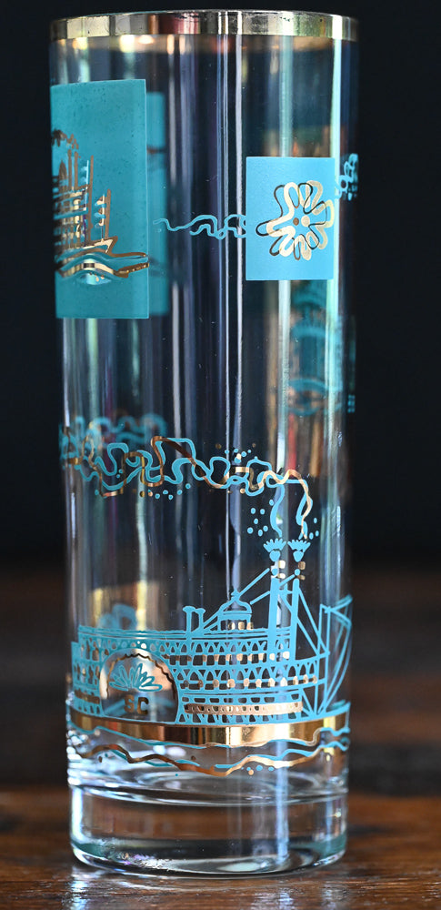 aqua and gold print Libbey Southern Comfort highball steamboat glasses