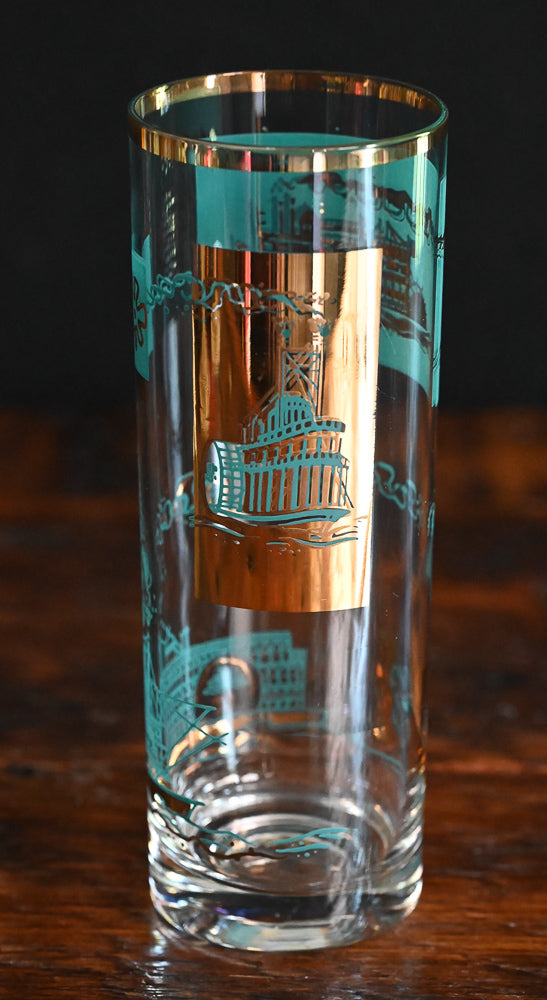 aqua and gold print Libbey Southern Comfort highball steamboat glasses