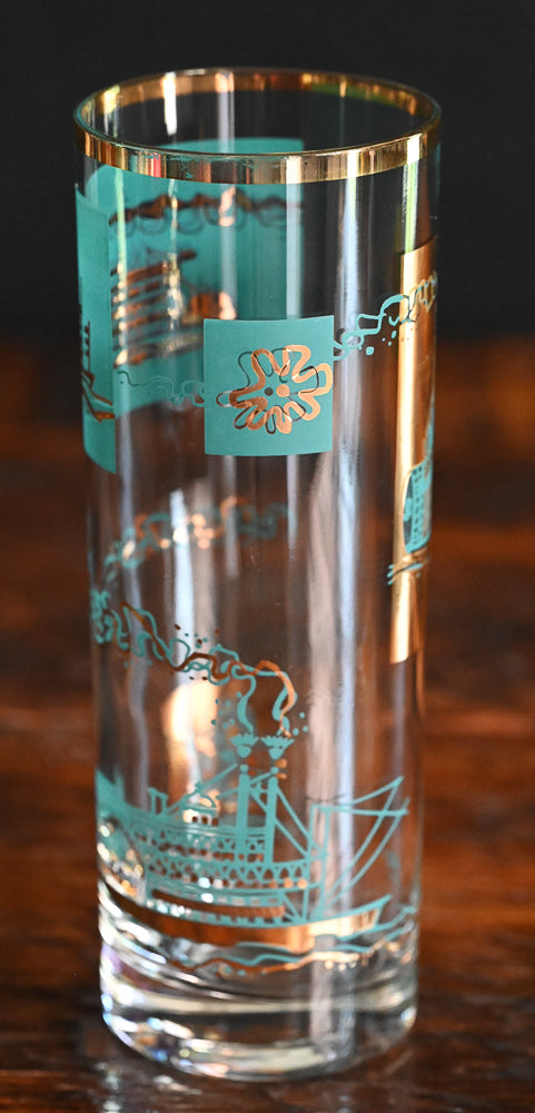 aqua and gold print Libbey Southern Comfort highball steamboat glasses
