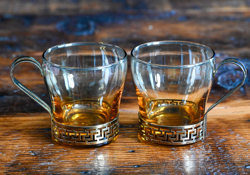 Libbey Amber mugs with gold metal Greek Key design handles
