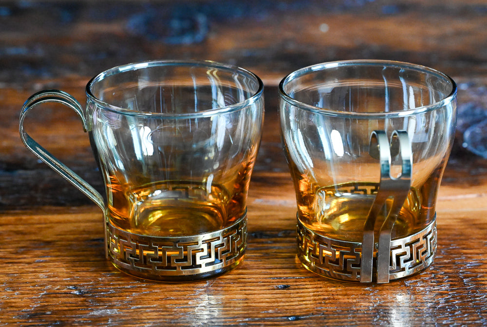 Libbey Amber mugs with gold metal Greek Key design handles