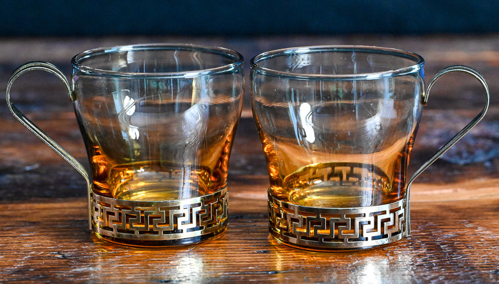 Libbey Amber mugs with gold metal Greek Key design handles