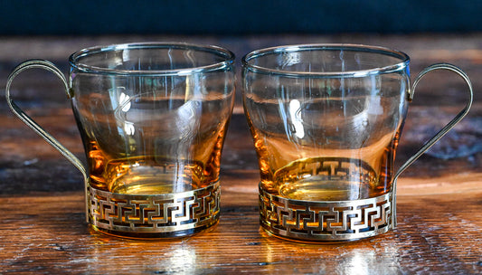 Libbey Amber mugs with gold metal Greek Key design handles