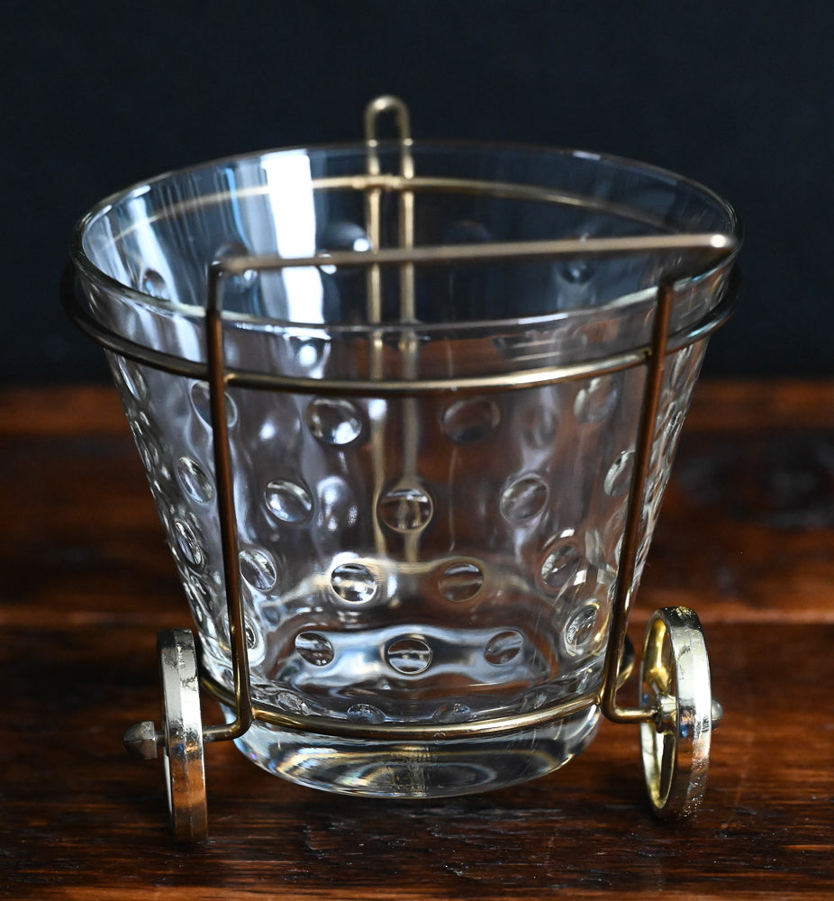 gold golf caddy ice bucket with clear thumprint glass ice bucket